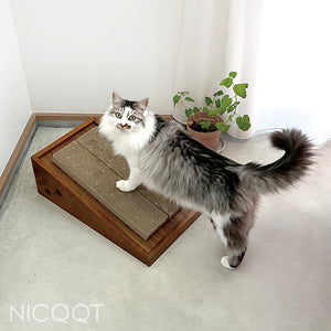 傾斜型の木製爪とぎトレーと猫とインテリア